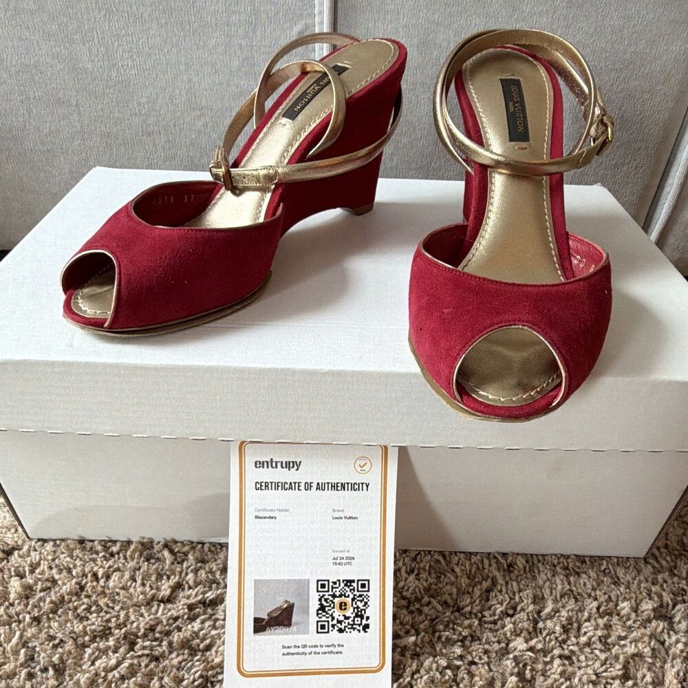 ⁠Louis Vuitton Red Suede Metallic Gold Strap Peep Toe Wedge Sandals 37 Entrupy